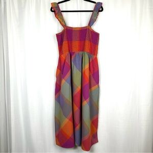Time Tru Smocked Ruffle Plaid Midi Dress Women XXL (20) Pockets Preppy Colorful
